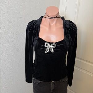 Rachel Zoe Elegant Black Velvet Top with Bow Detail Square Neckline Sz S